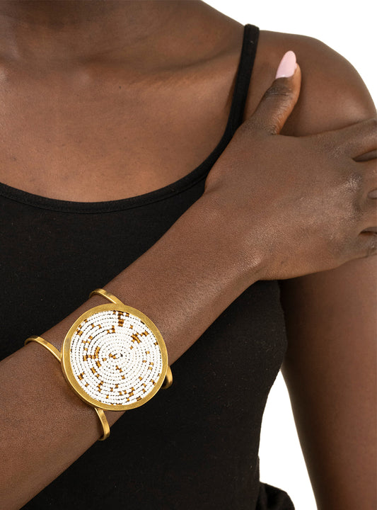 Beaded Brass Cuff Bracelet - (White & Gold)