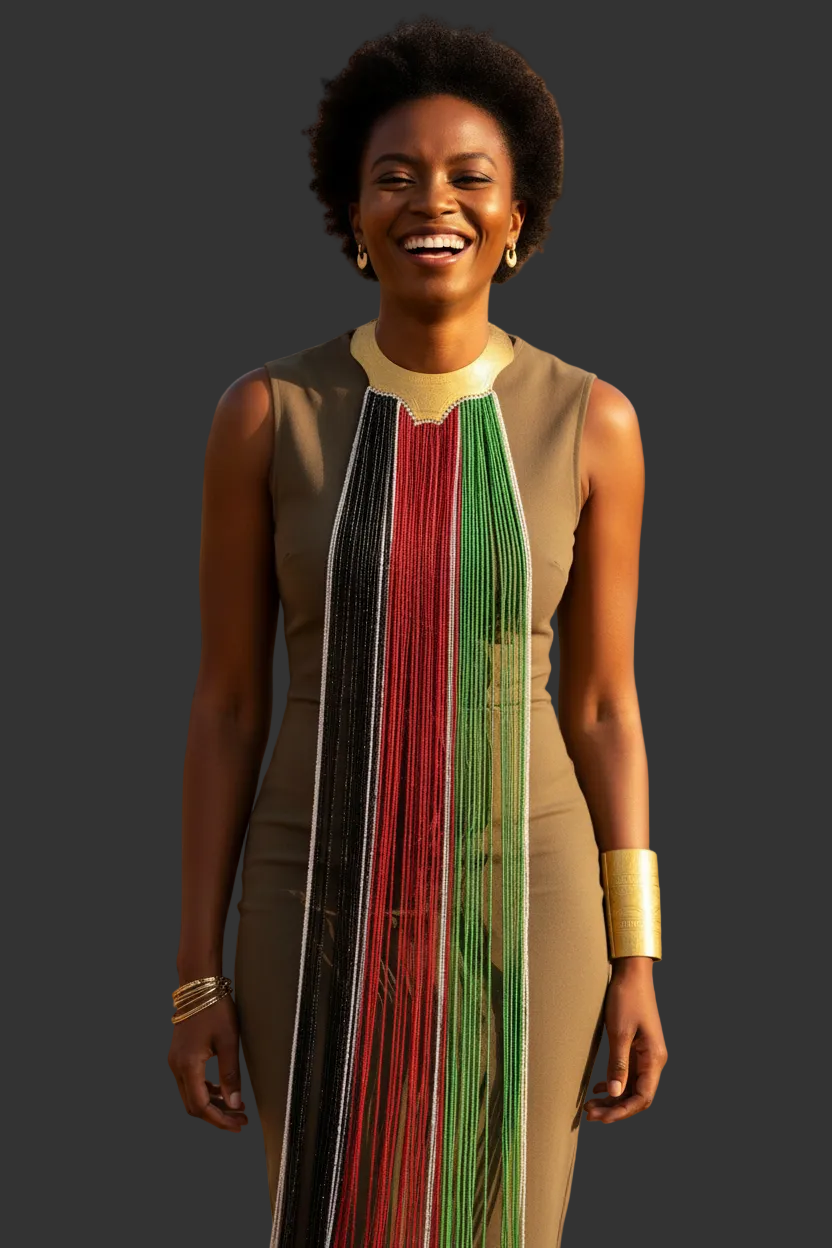 Woman wearing a colorful dress with a natural landscape background