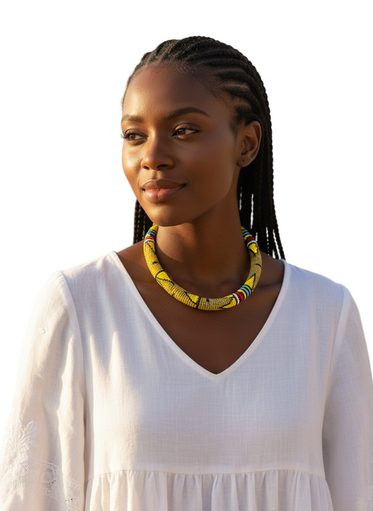 Woman wearing a colorful necklace on a beach
