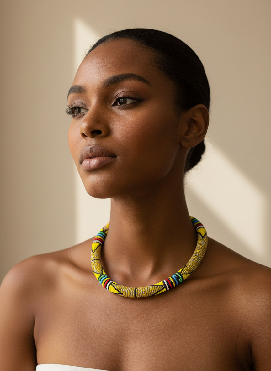 Yellow Beaded Necklace with Multicolor Accents