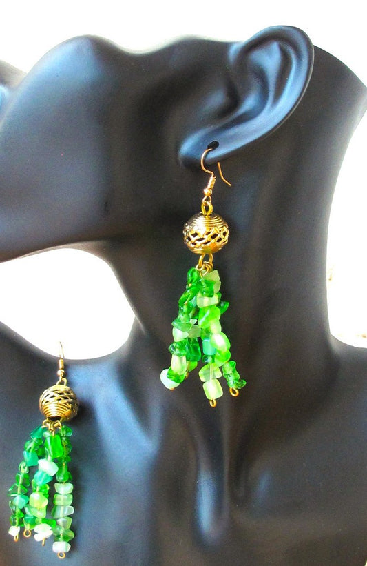 Green Gem Stoned With Top Brass Statement Earrings