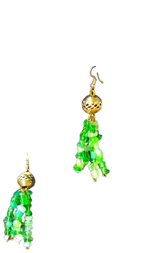 Green Gem Stoned With Top Brass Statement Earrings