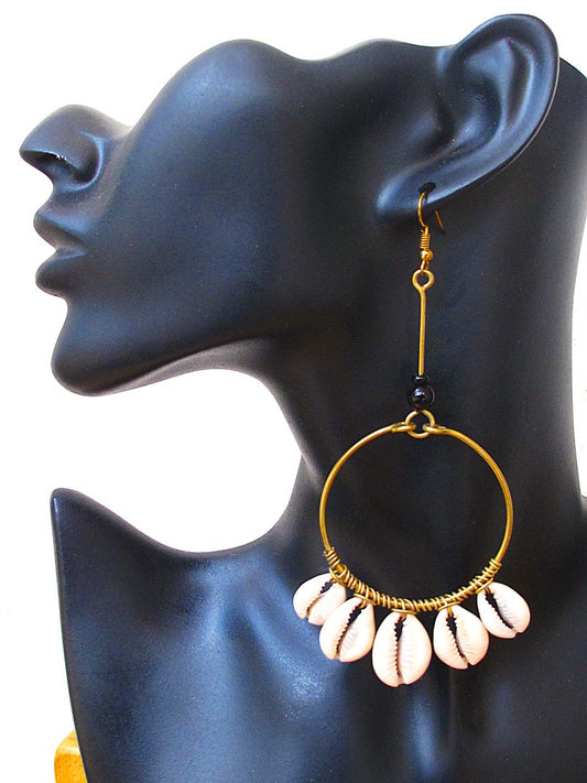 Circular Cowrie Shell Dangle Brass Earrings