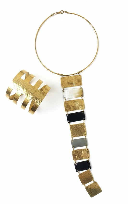 Hammered Brass Horn Statement Jewelry Set (Necklace and Bracelet)