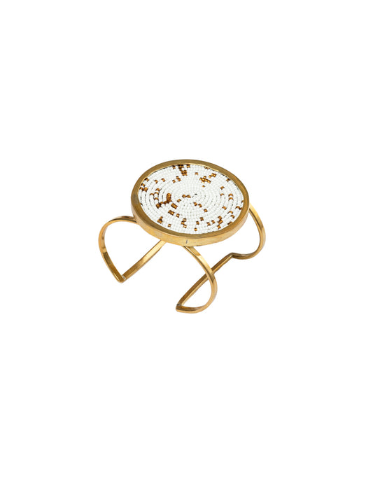 Beaded Brass Cuff Bracelet - (White & Gold)