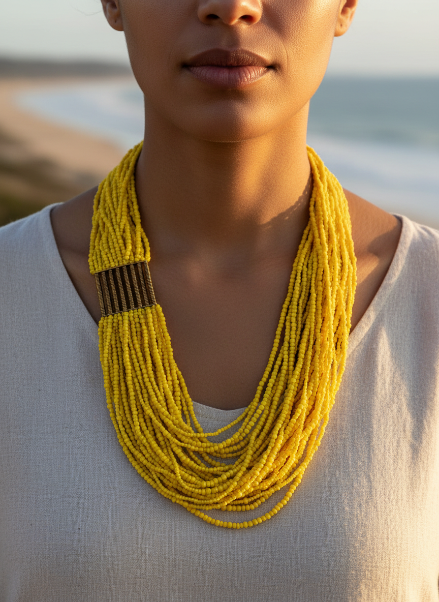 Yellow Multi-Strand Beaded Necklace with Brass Accent
