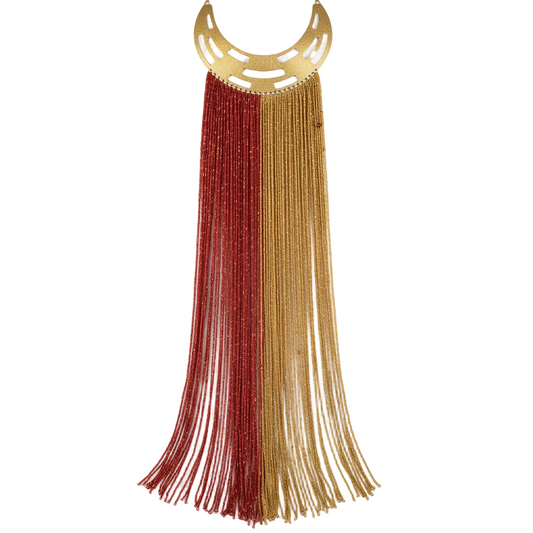 Necklace with red and gold fringe on a white background