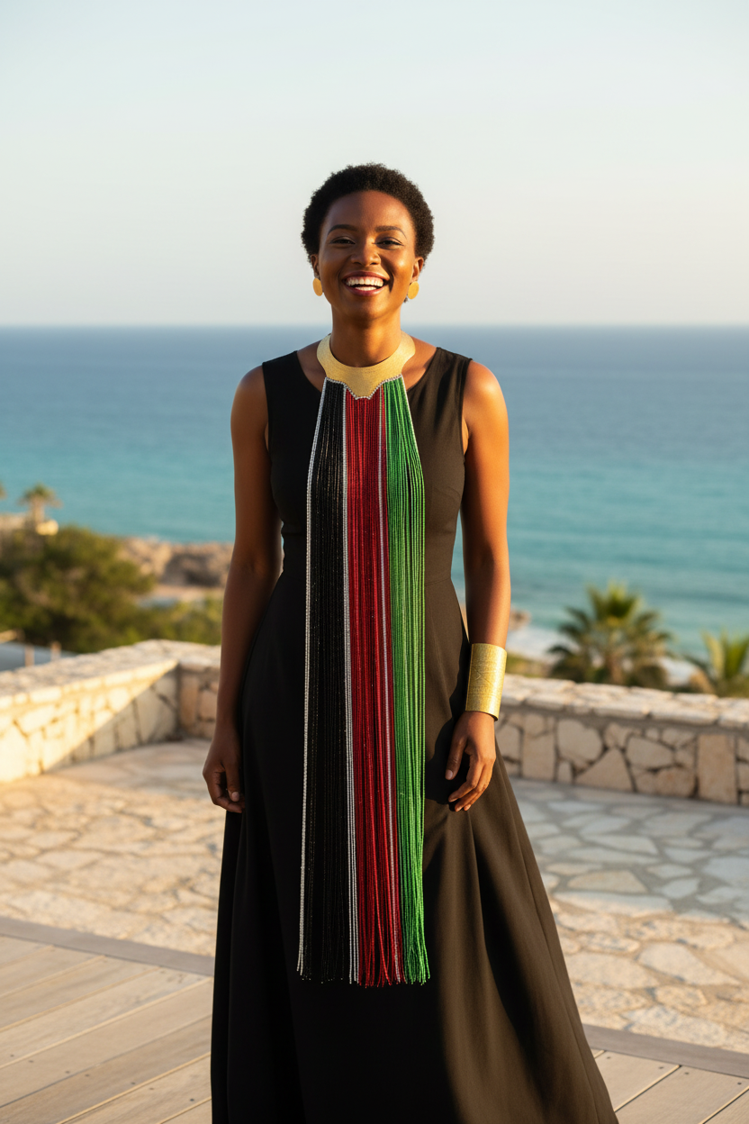 Woman standing on a stone pathway with ocean view wearing a long, dark dress with colorful vertical stripes.