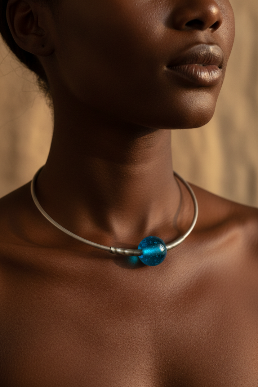 Close-up of turquoise blue glass bead choker on neck