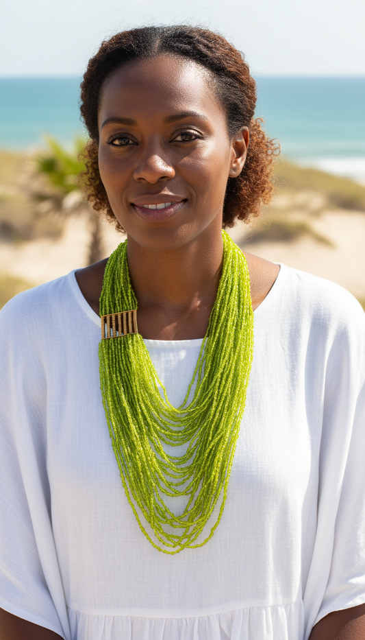 Lime Green Multi-Strand Beaded Necklace with Brass Accent