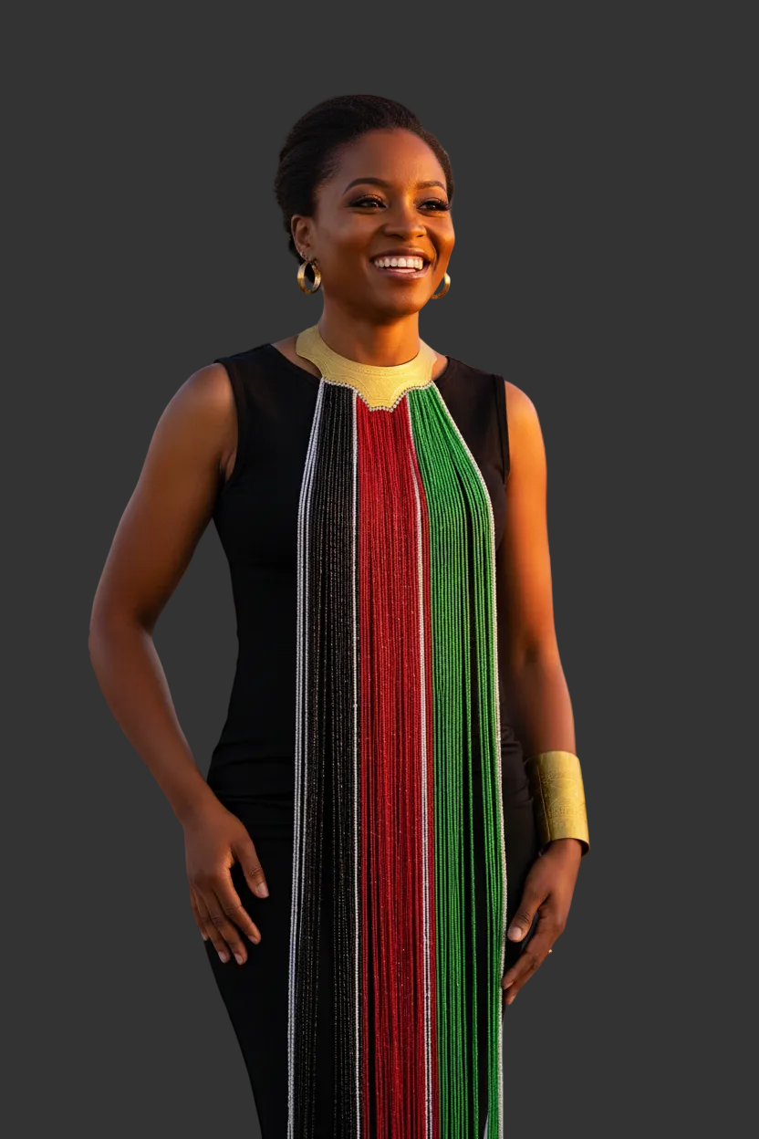 Woman wearing a colorful dress with a cityscape in the background