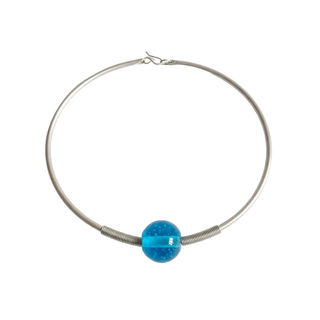Turquoise blue glass bead silver wire choker necklace on white background