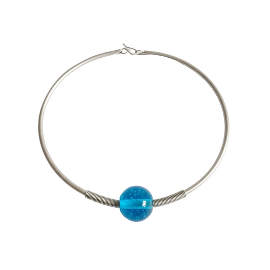 Turquoise blue glass bead silver wire choker necklace on white background