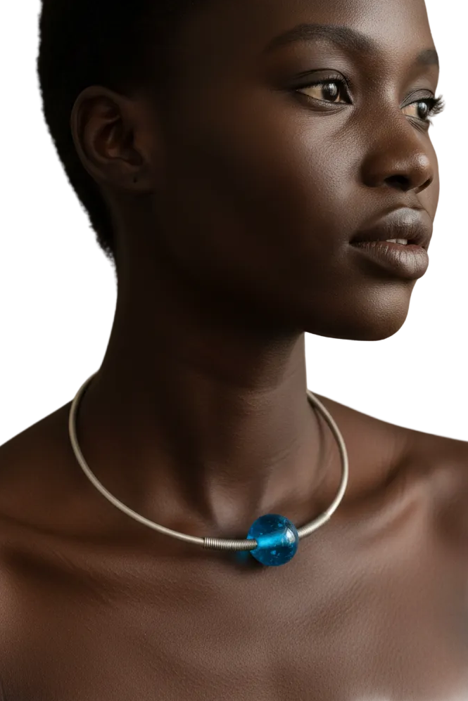 Woman wearing turquoise blue glass bead silver wire choker necklace