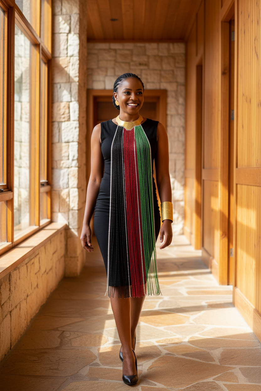 Handcrafted African Beaded Fringe Necklace - Tri-Color Statement Piece