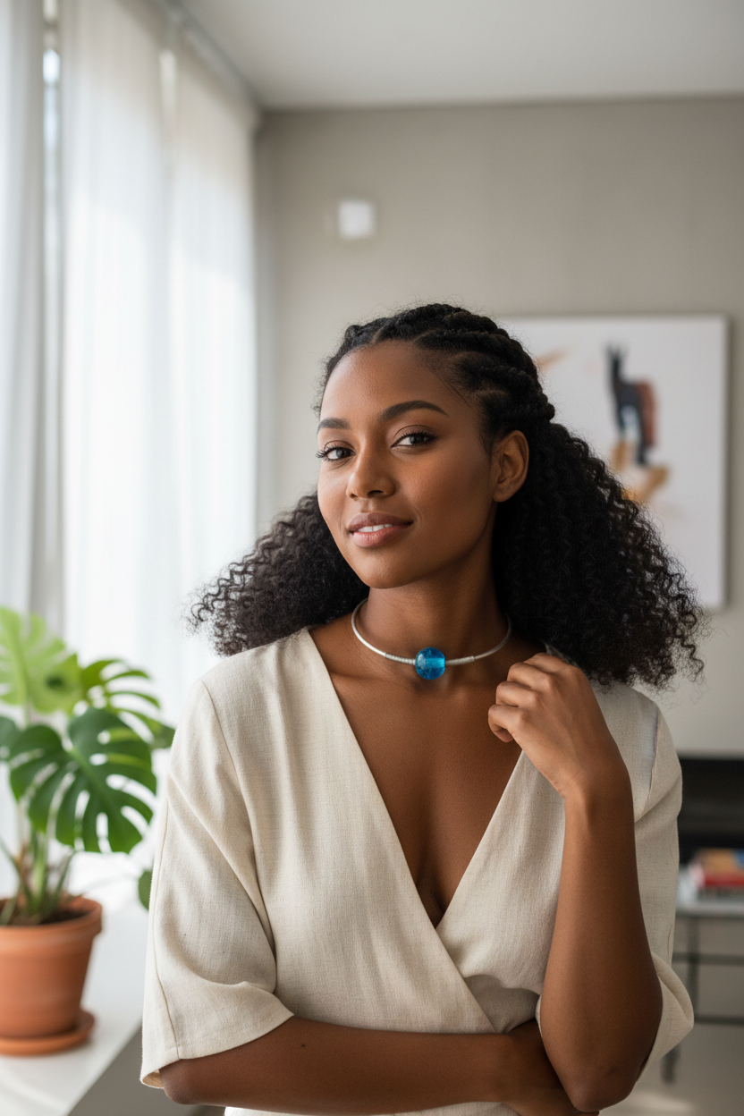 Woman wearing turquoise choker with window light