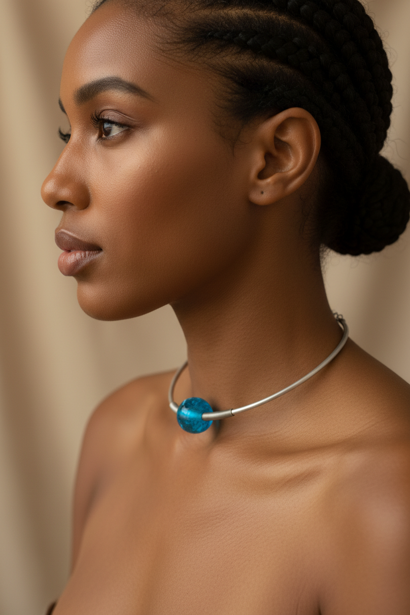 Side profile showing silver wire choker details