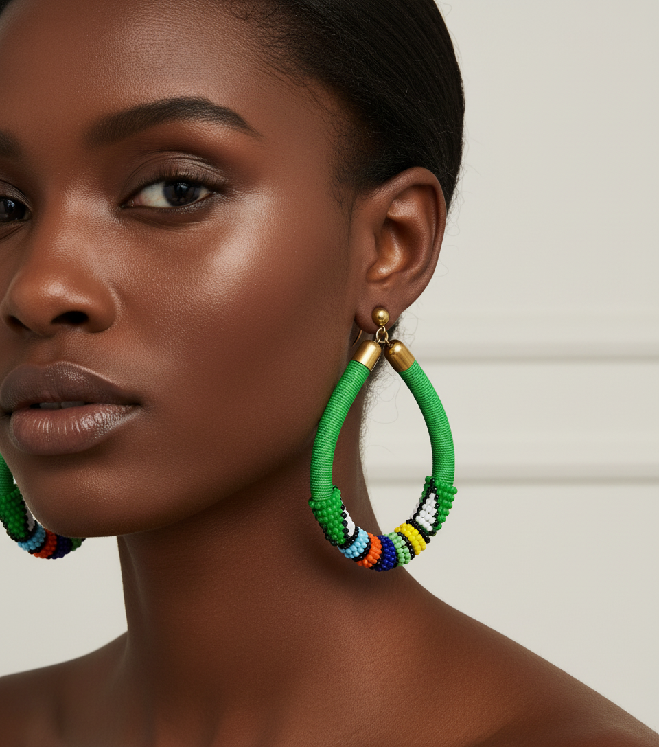 Woman wearing green hoop earrings with a neutral background