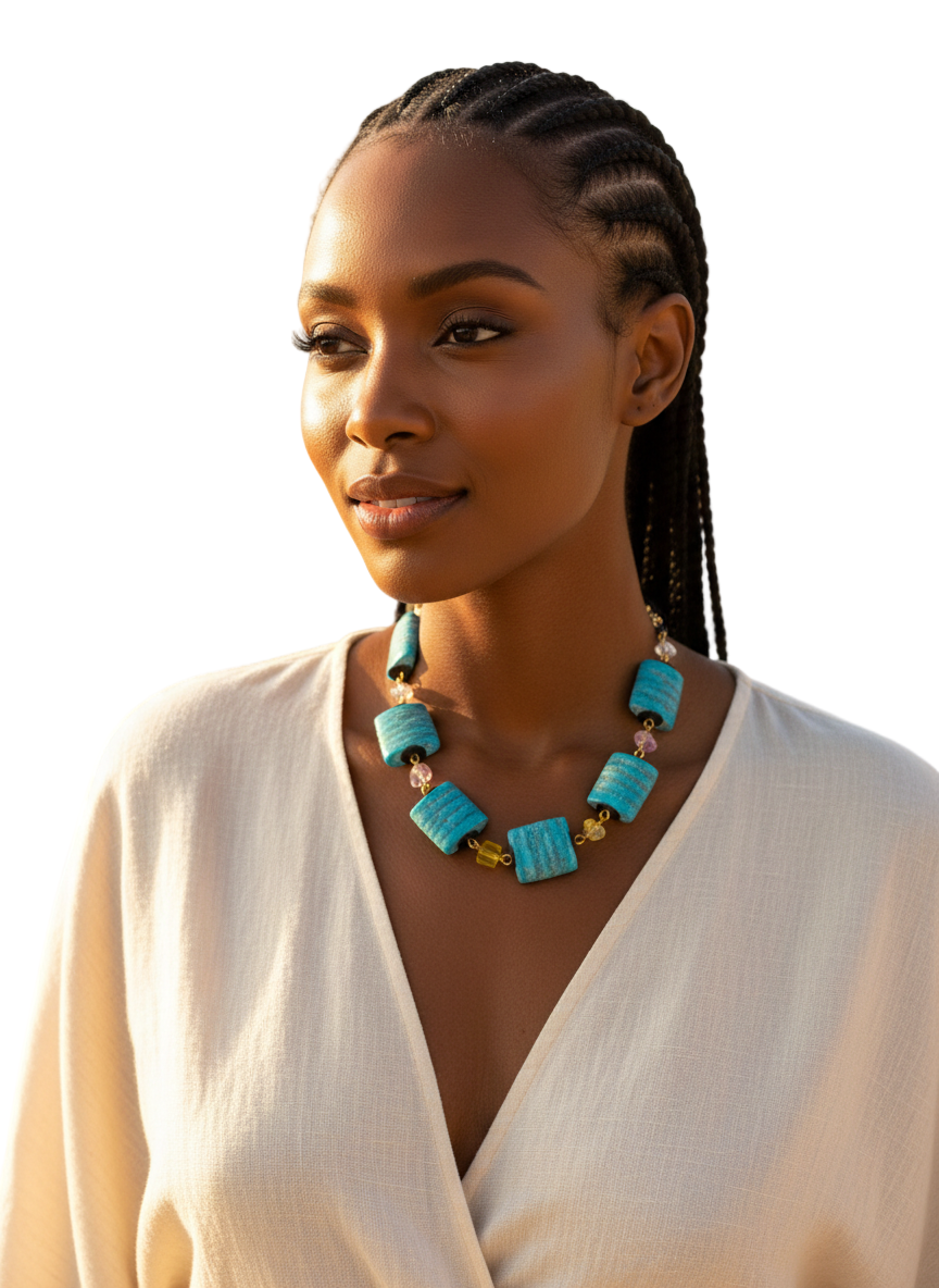 Woman wearing a turquoise necklace and earrings on a beach