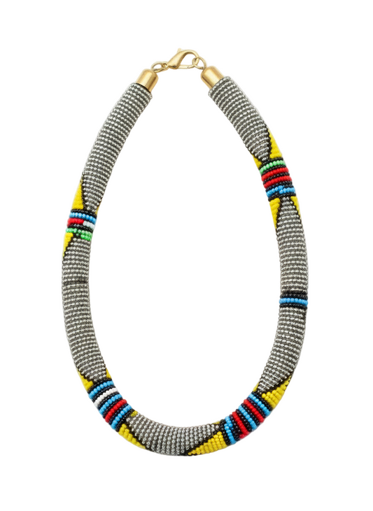 Necklace with gray beads and colorful accents on a white background